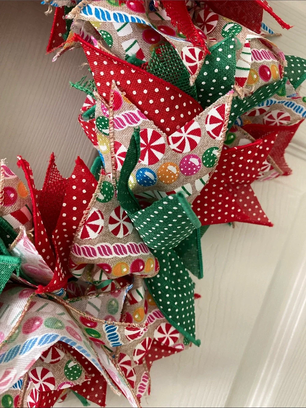 HANDMADE CHRISTMAS FARMHOUSE RIBBON RAG WREATH COTTAGECORE POLKA DOT RED GREEN